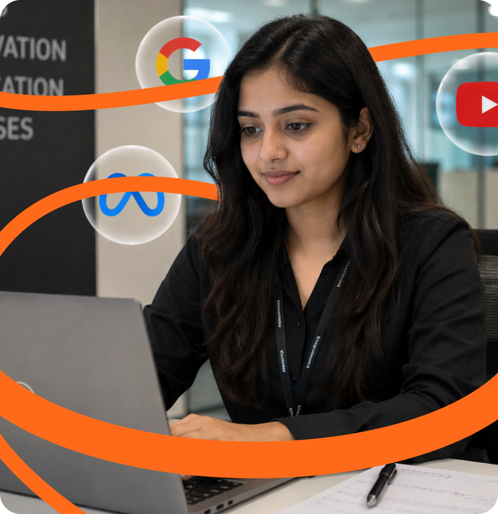 Professional working on laptop with digital marketing tools